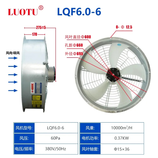 0.37kw 扇叶直径600mm 风量10000m³/尼龙风叶